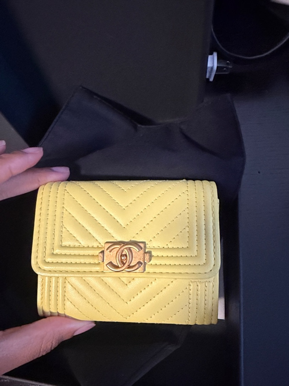 CHANEL Yellow Chevron Quilted Mini Wallet with Gold CC Hardware